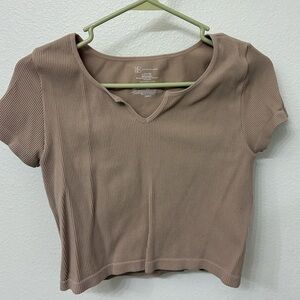 No Boundaries Ribbed V-Neck Crop Top - Tan